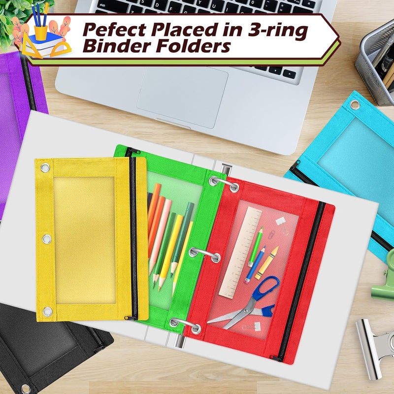 PaLeyFer Pencil Pouch for 3 Ring Binder, 72 Piece Bulk 3 Holes Zipper Pencil Pouches in 6 Assorted Colors, Clear Durable Pencil Case for School, Classroom, Office Supplies - Image 5